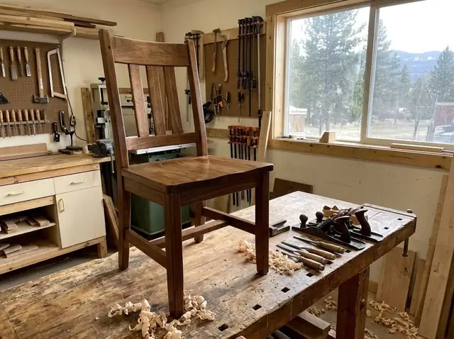 Refinished wooden chair on a workshop bench beside hand tools (illustration)